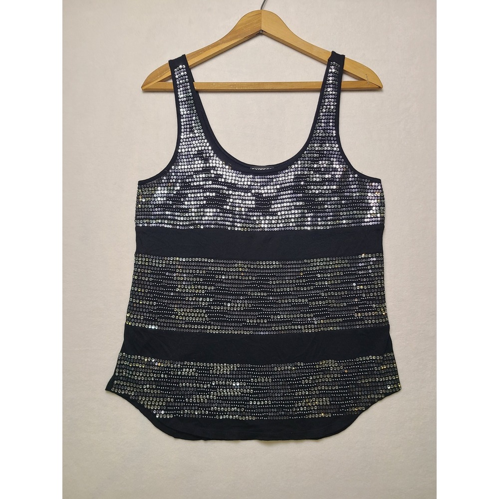 Express Sm Tank Top Glam Party Y2K Black Silver Sequin Striped Sleeveless Scoop